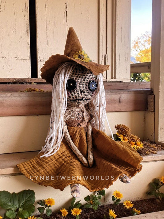 Harvest Scarecrow Doll – 18” (With Hat) Handmade Burlap & Button-Eyed Doll