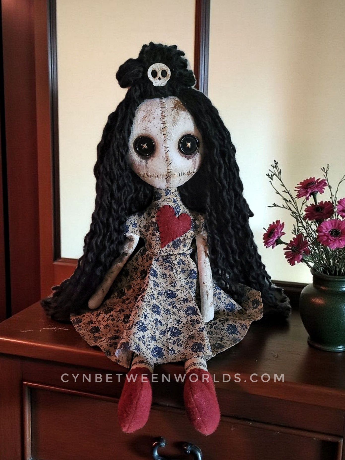 20” Button-Eyed Distressed Voodoo Doll – Handmade Cloth Art Doll
