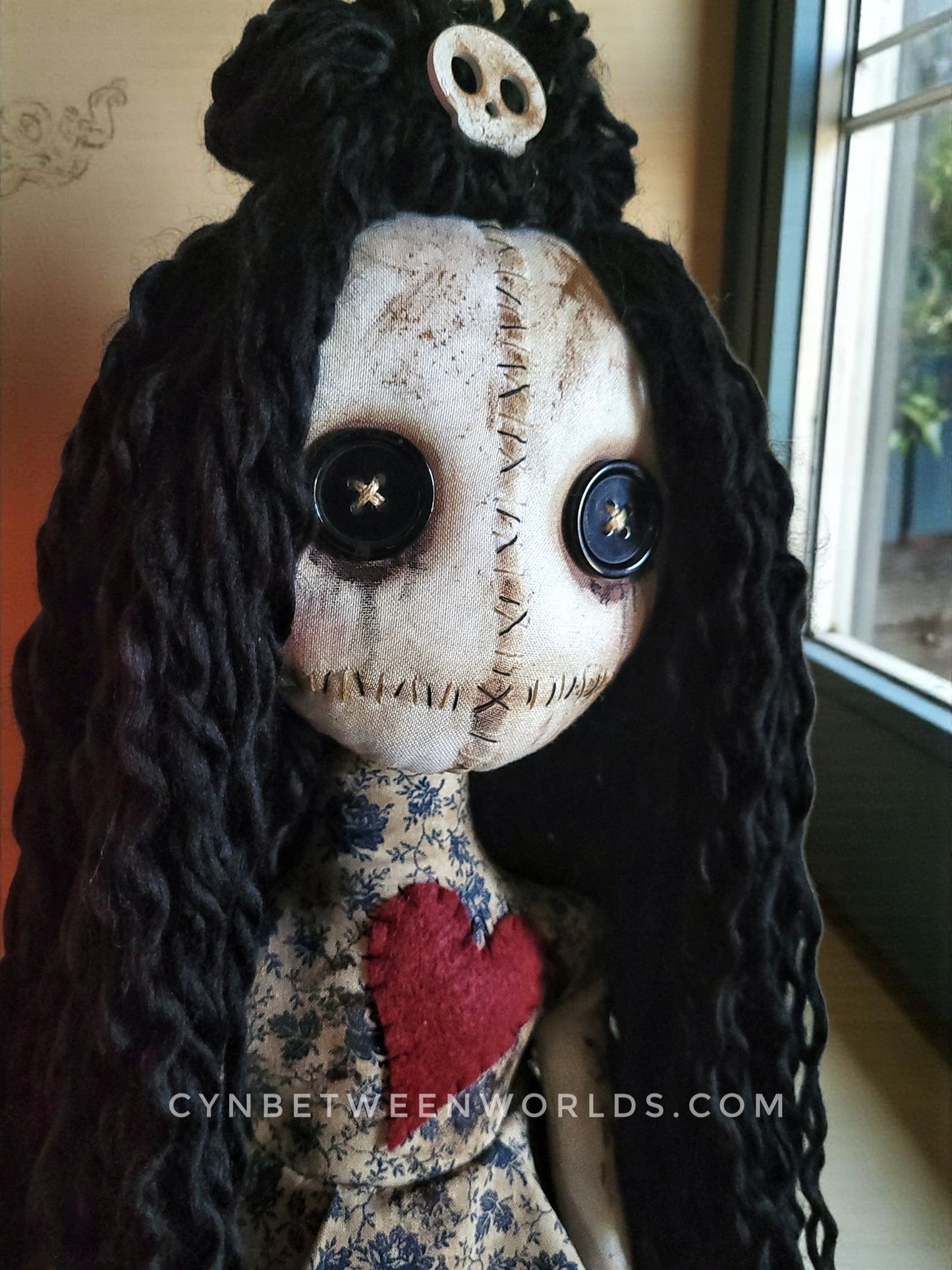 20” Button-Eyed Distressed Voodoo Doll – Handmade Cloth Art Doll