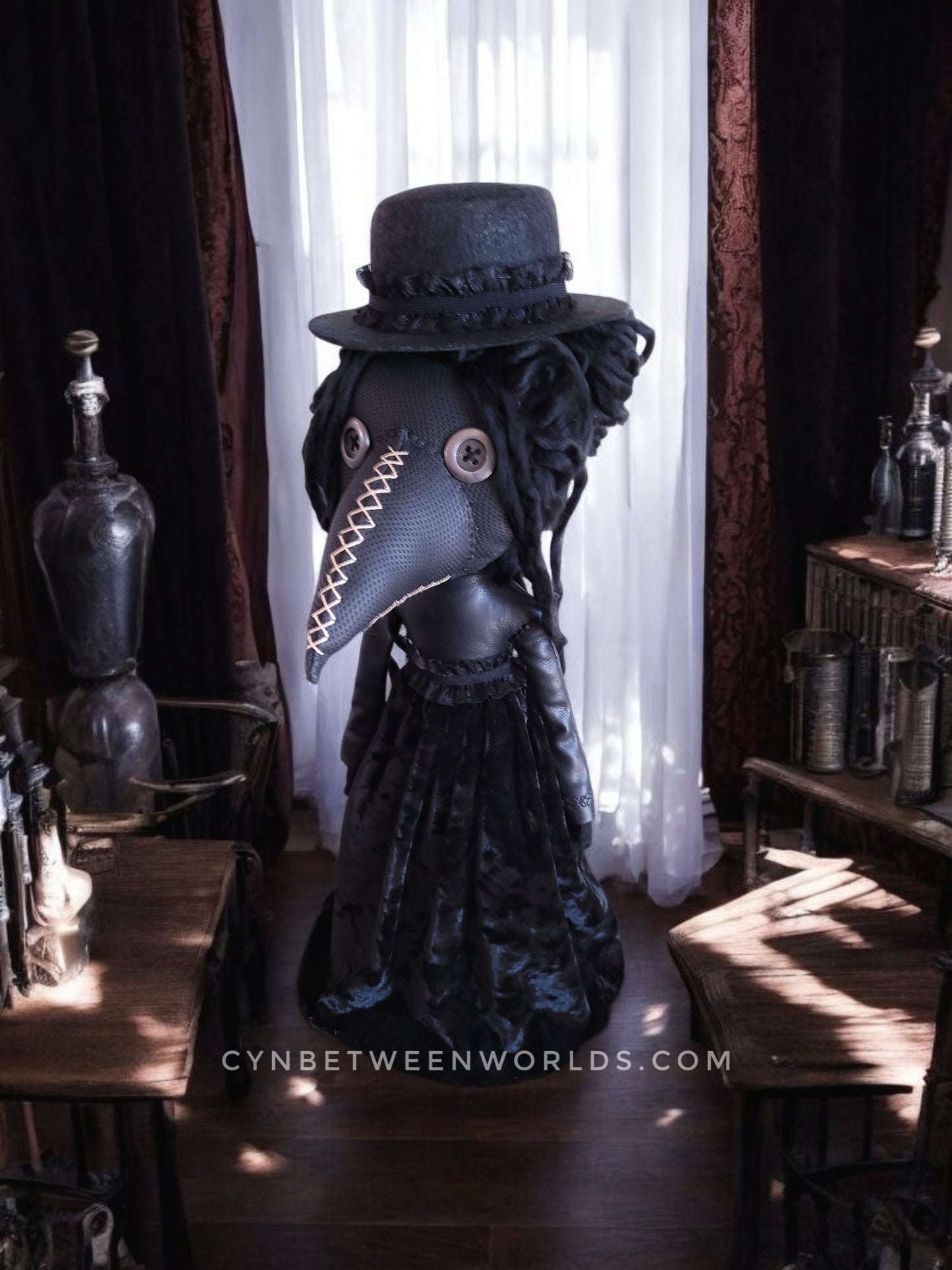 15" Handmade Victorian Plague Doctor Doll (Black)