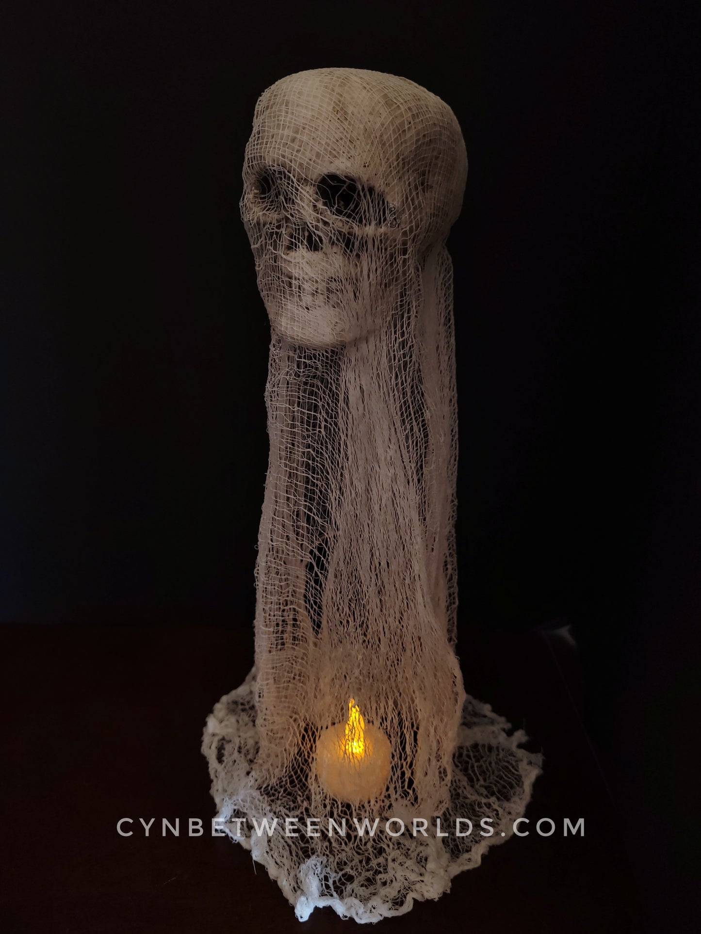 12.5" Handmade Floating Skull Ghost – Gothic Decor with Flickering Tea Light