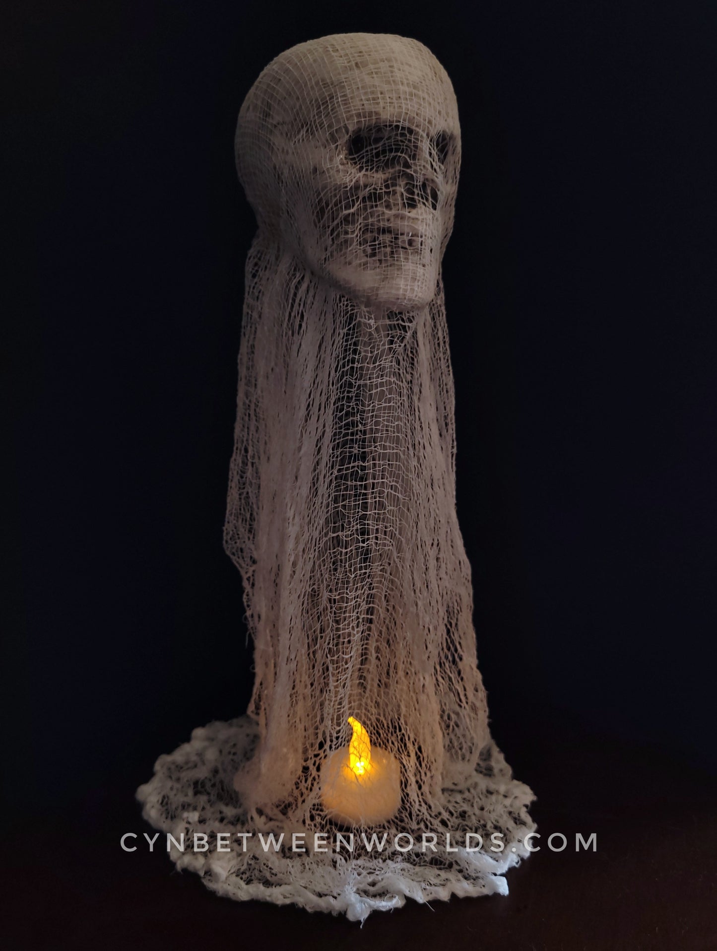 12.5" Handmade Floating Skull Ghost – Gothic Decor with Flickering Tea Light