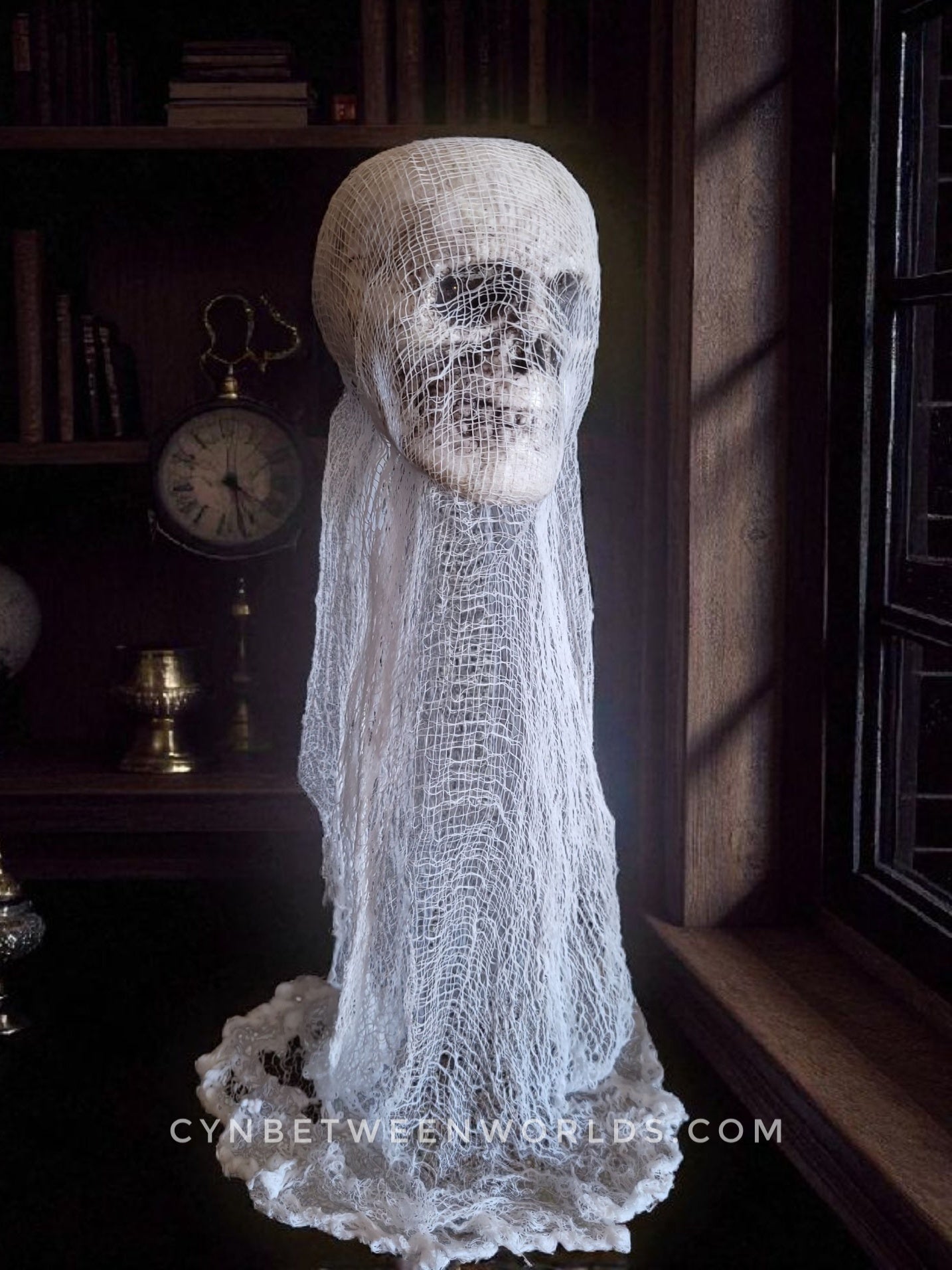 12.5" Handmade Floating Skull Ghost – Gothic Decor with Flickering Tea Light