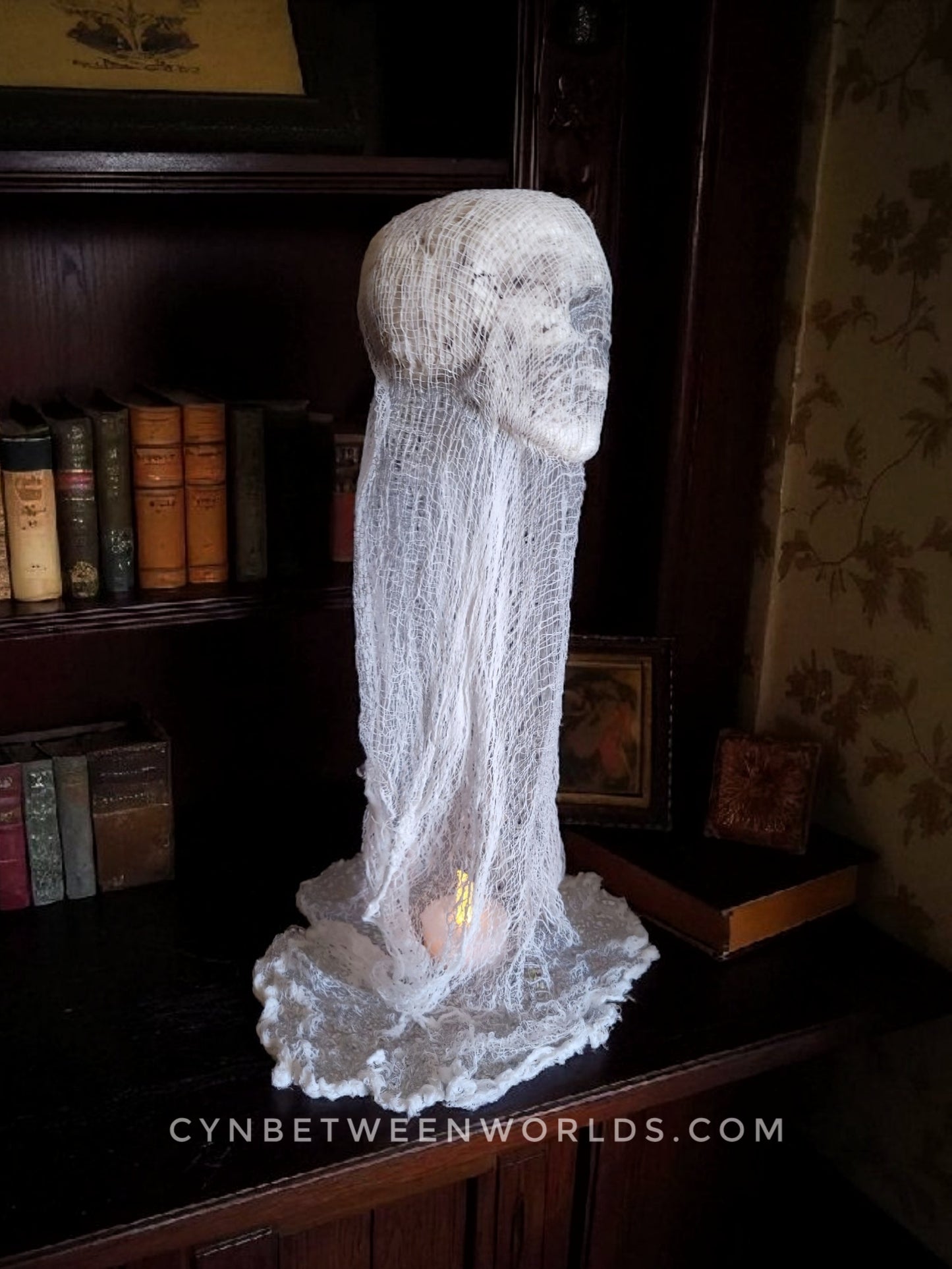 12.5" Handmade Floating Skull Ghost – Gothic Decor with Flickering Tea Light
