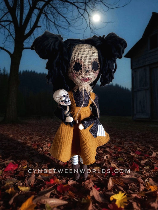 19" Burlap Witchling Doll and Skull Baby – Handmade Gothic Rag Doll