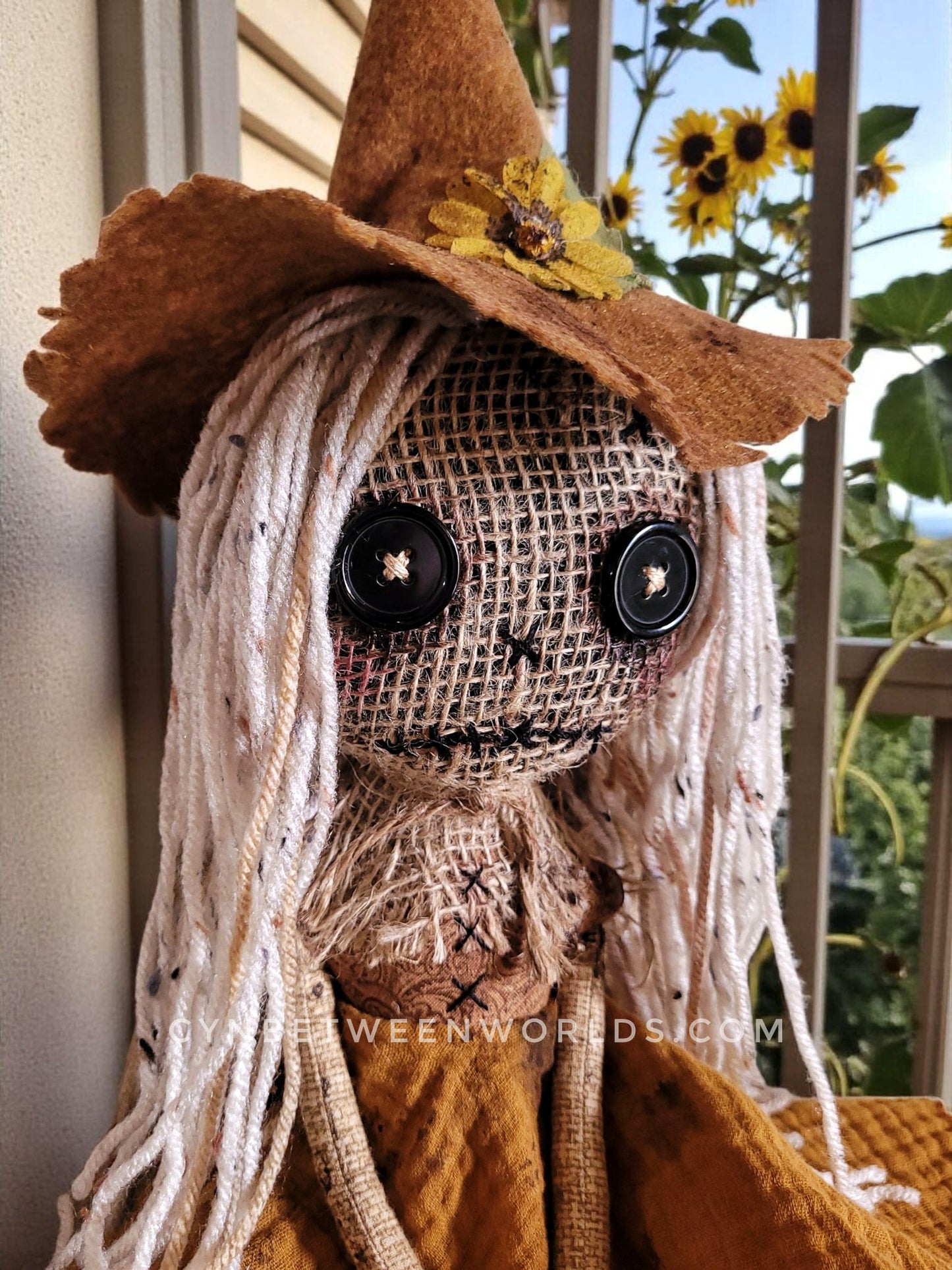 Harvest Scarecrow Doll – 18” (With Hat) Handmade Burlap & Button-Eyed Doll