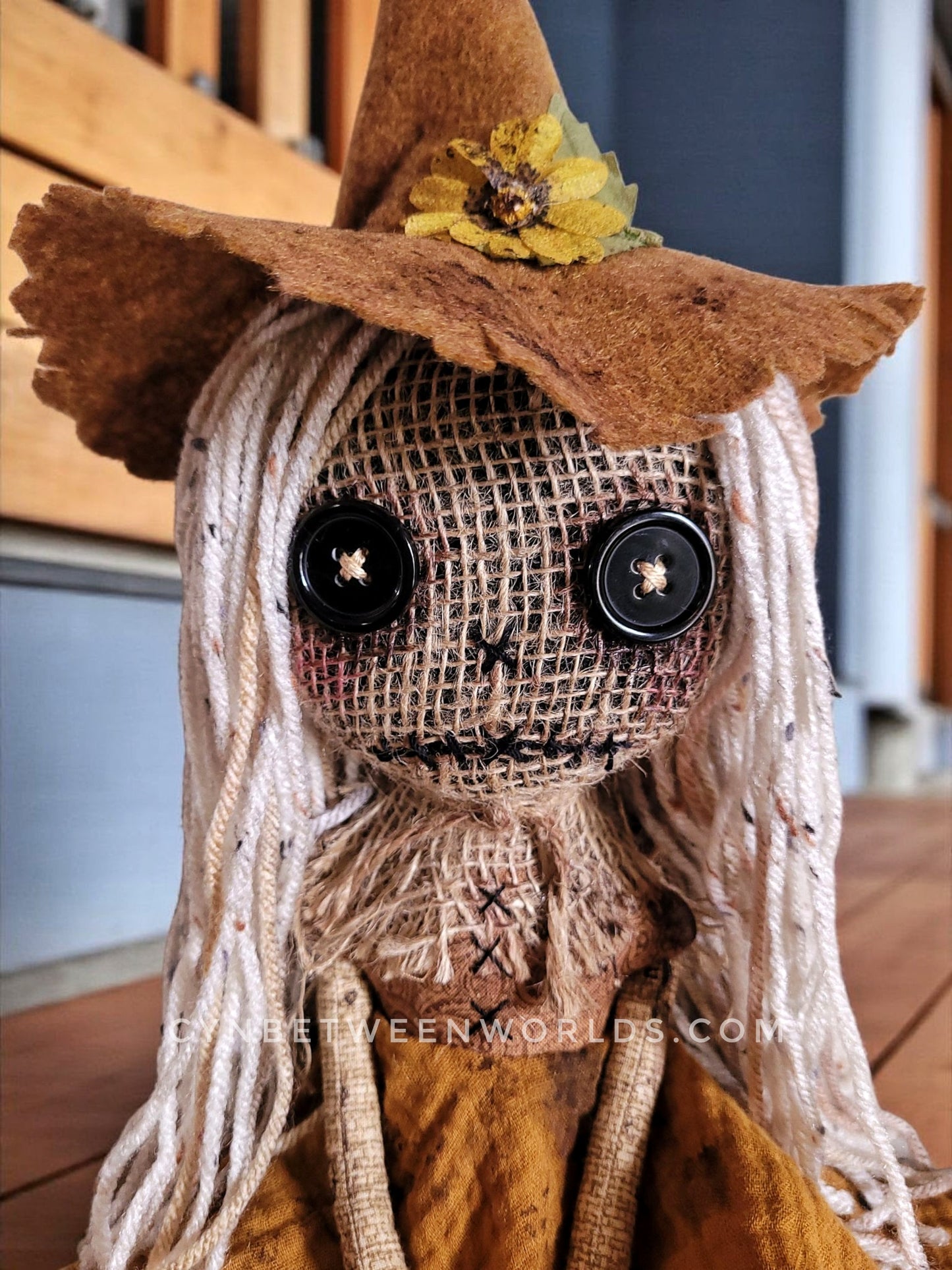 Harvest Scarecrow Doll – 18” (With Hat) Handmade Burlap & Button-Eyed Doll