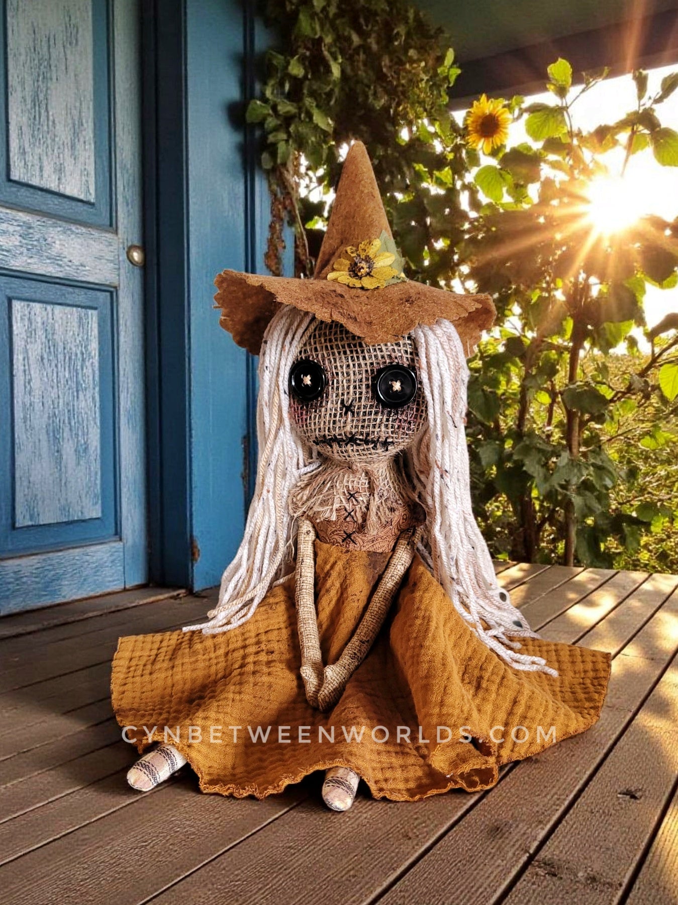 Harvest Scarecrow Doll – 18” (With Hat) Handmade Burlap & Button-Eyed Doll