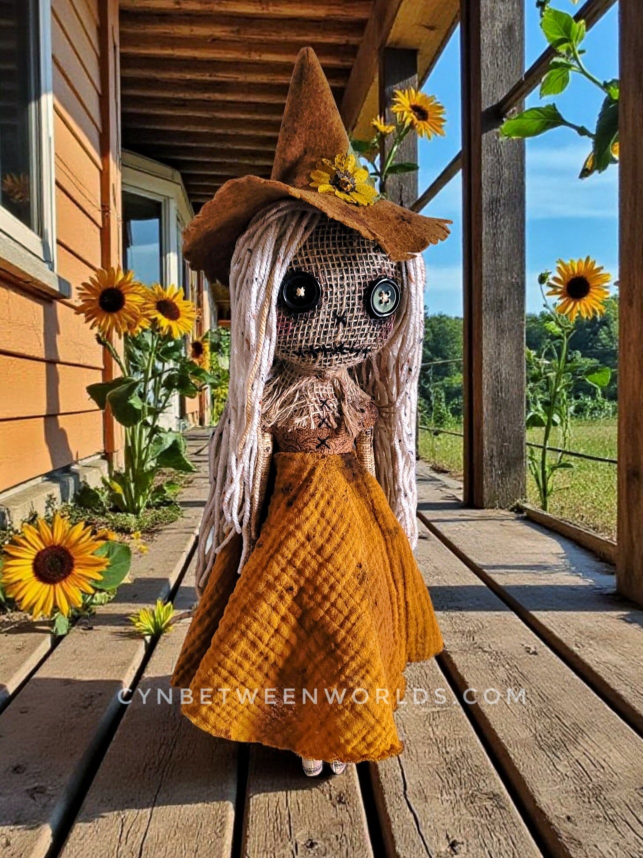 Harvest Scarecrow Doll – 18” (With Hat) Handmade Burlap & Button-Eyed Doll