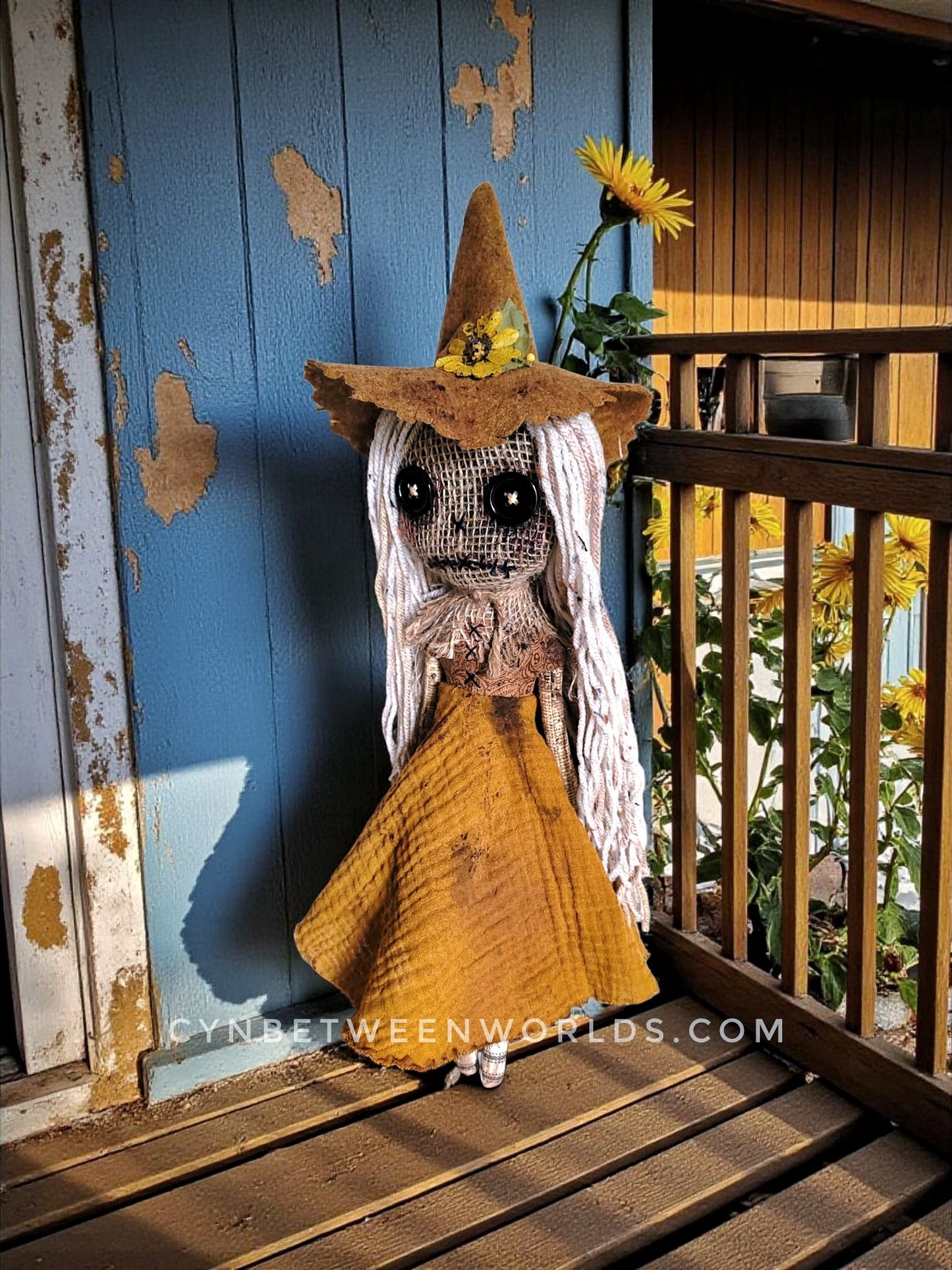 Harvest Scarecrow Doll – 18” (With Hat) Handmade Burlap & Button-Eyed Doll