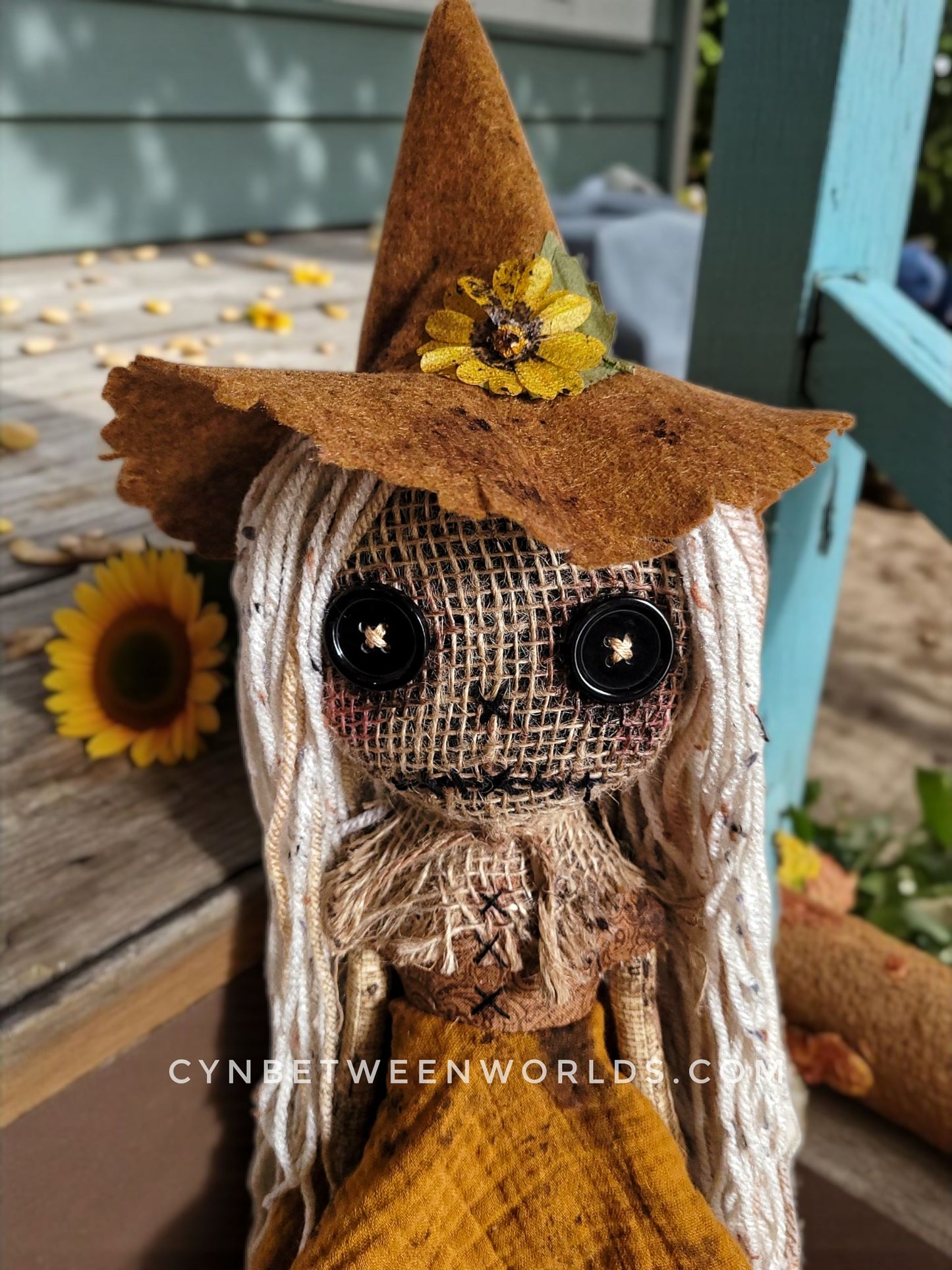 Harvest Scarecrow Doll – 18” (With Hat) Handmade Burlap & Button-Eyed Doll