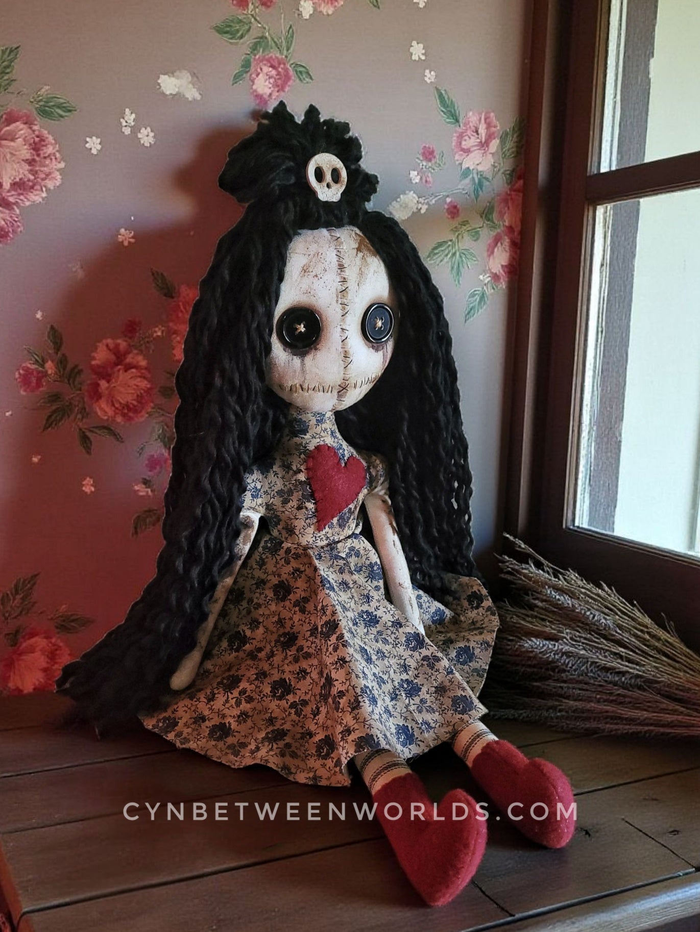20” Button-Eyed Distressed Voodoo Doll – Handmade Cloth Art Doll