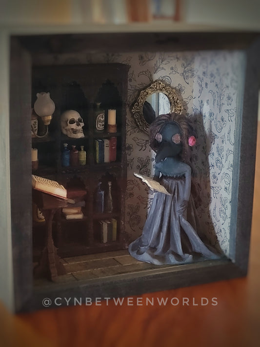 Victorian Apothecary Shadow Box – Illuminated Plague Doctor Miniature Diorama
