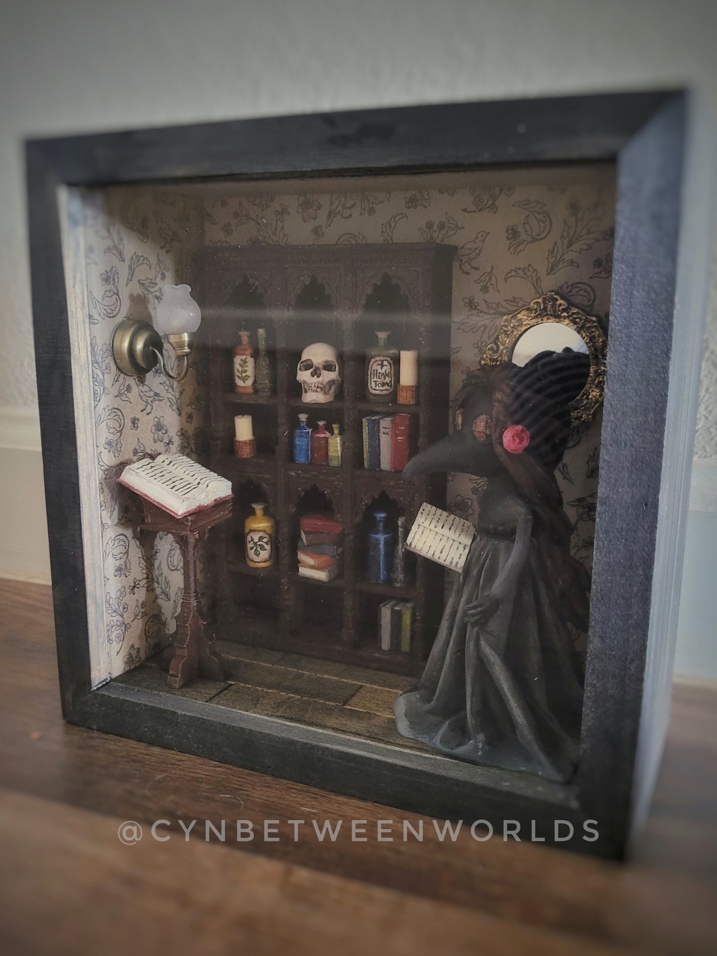 Victorian Apothecary Shadow Box – Illuminated Plague Doctor Miniature Diorama