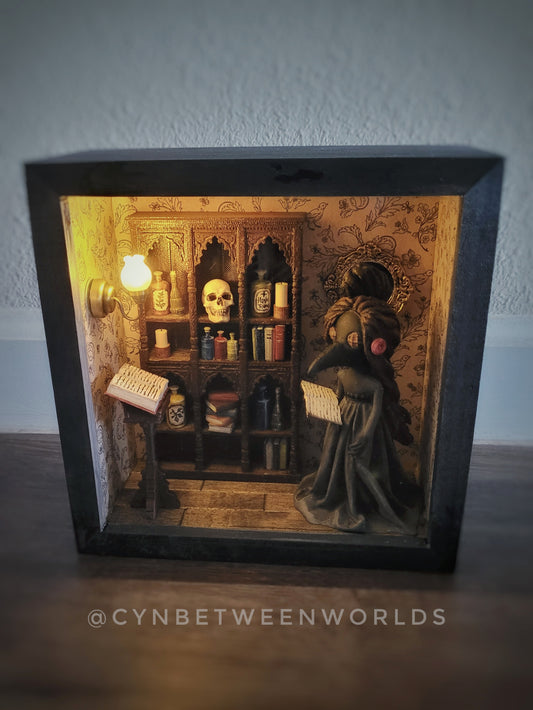 Victorian Apothecary Shadow Box – Illuminated Plague Doctor Miniature Diorama