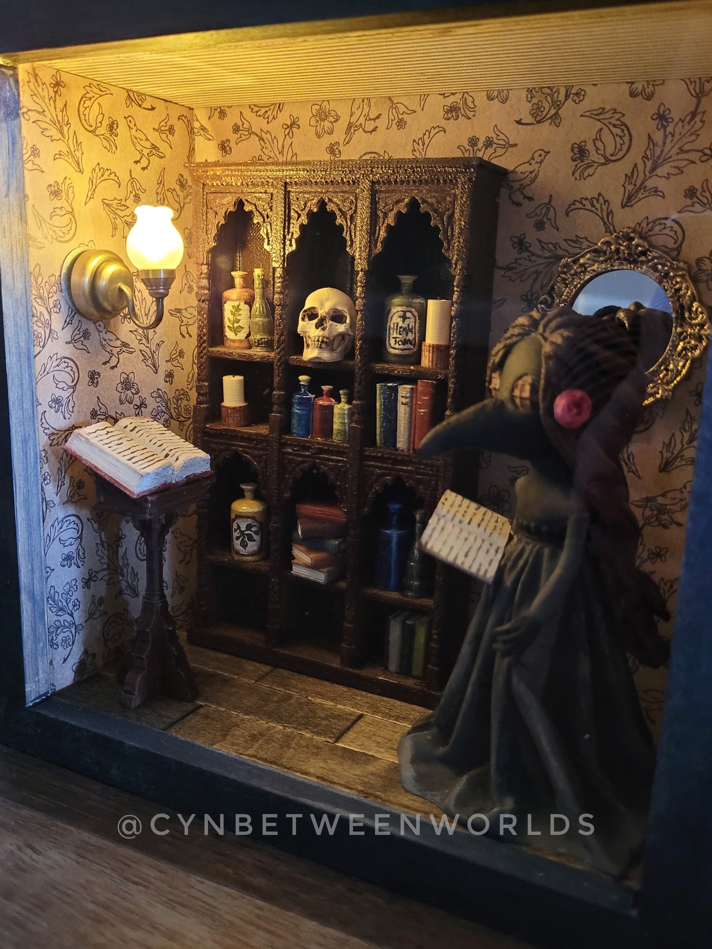 Victorian Apothecary Shadow Box – Illuminated Plague Doctor Miniature Diorama