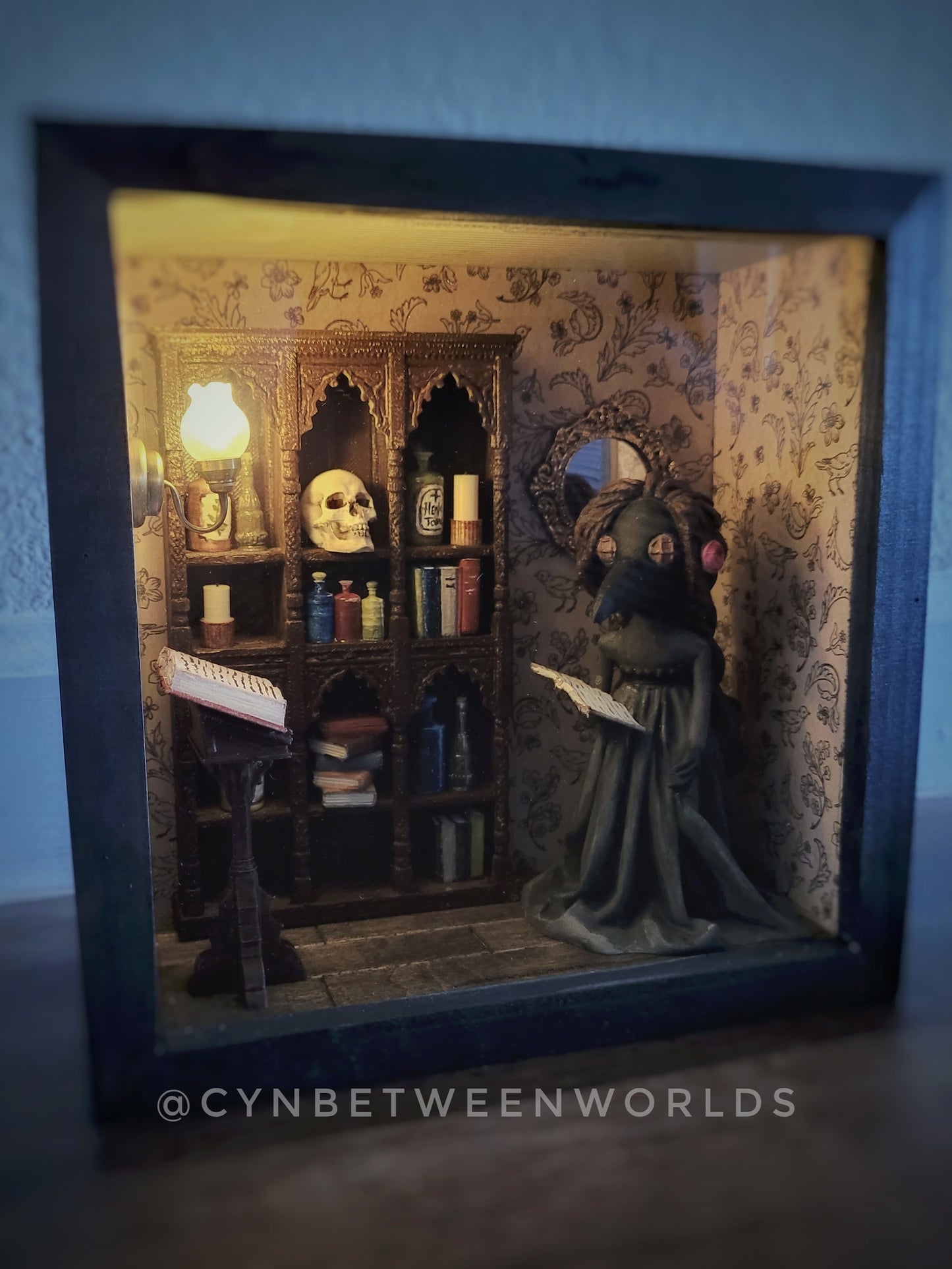 Victorian Apothecary Shadow Box – Illuminated Plague Doctor Miniature Diorama