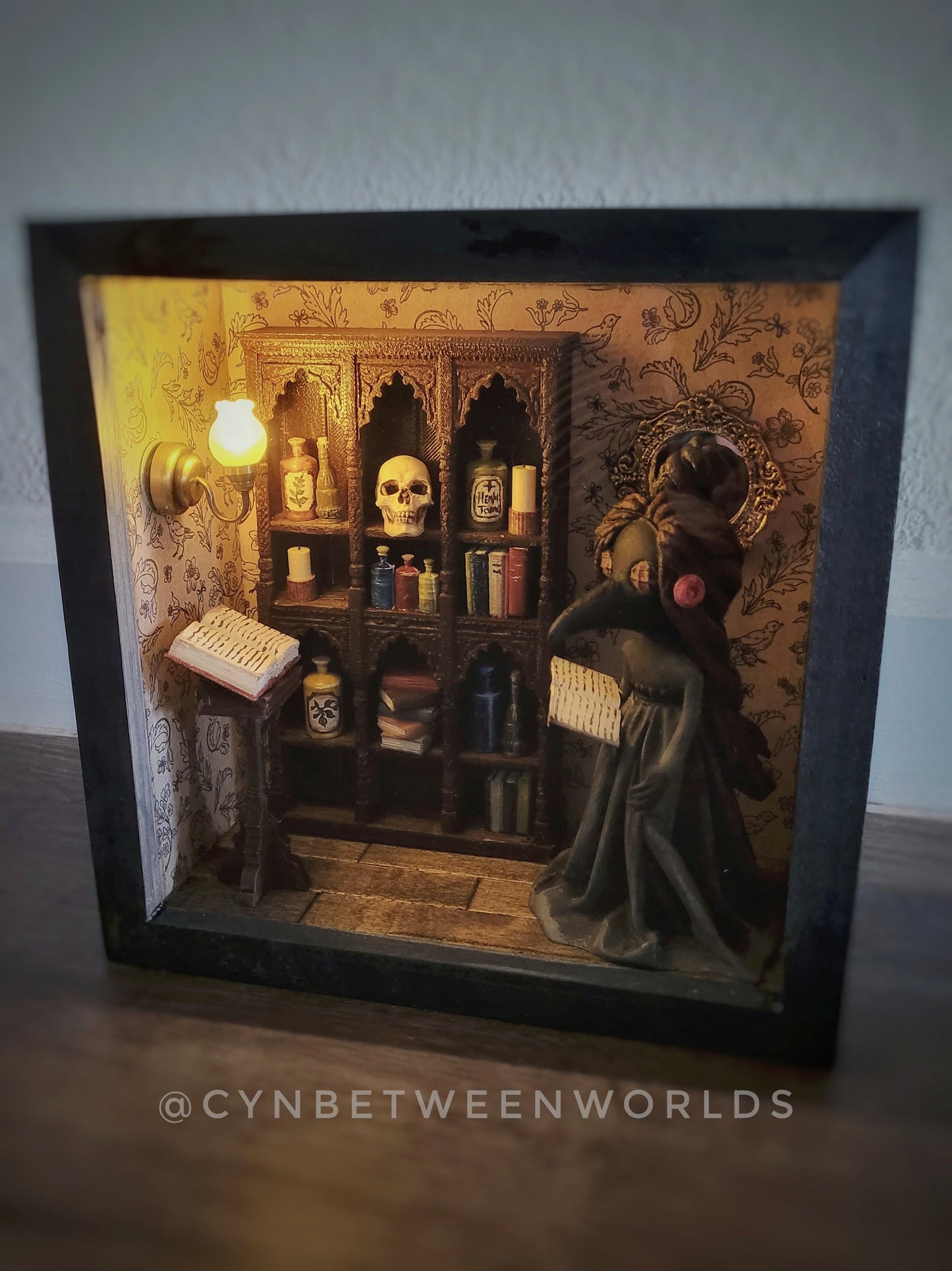 Victorian Apothecary Shadow Box – Illuminated Plague Doctor Miniature Diorama