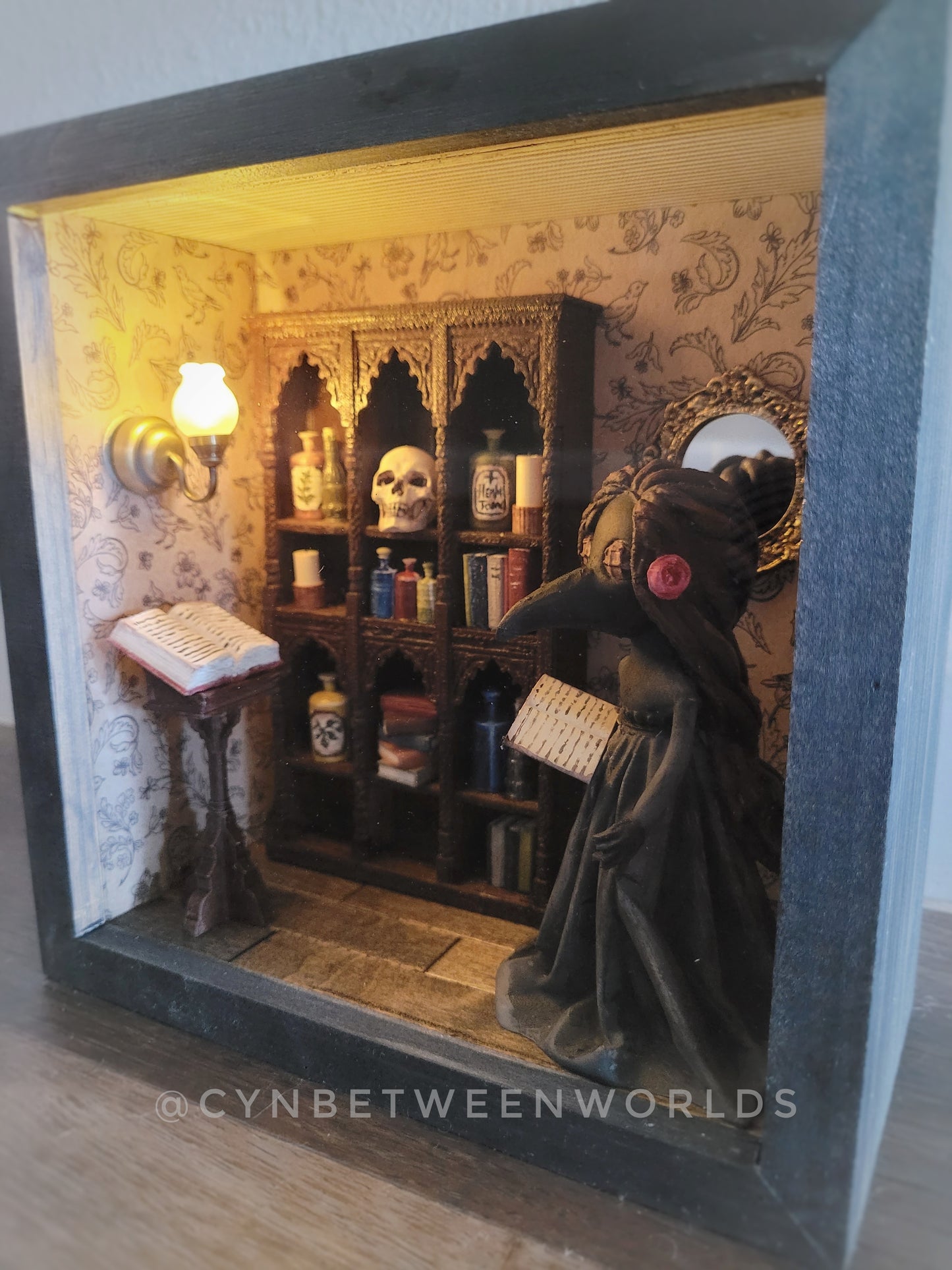 Victorian Apothecary Shadow Box – Illuminated Plague Doctor Miniature Diorama