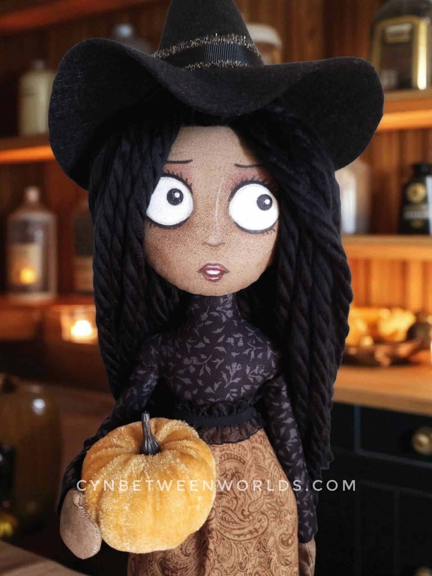 19" Handmade Black-Haired Witch Doll - Halloween Decor