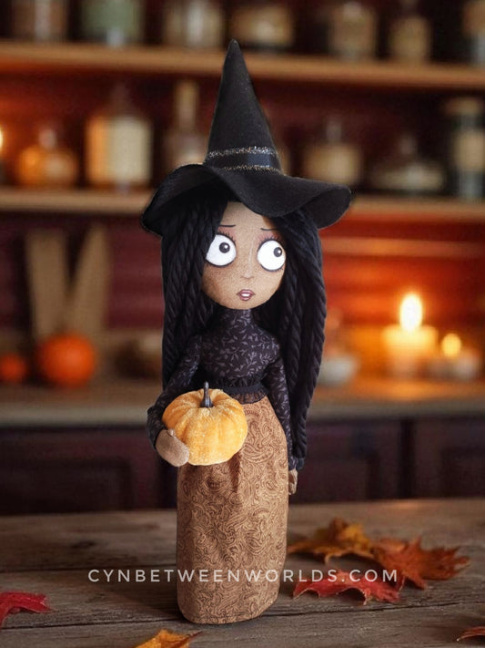 19" Handmade Black-Haired Witch Doll - Halloween Decor