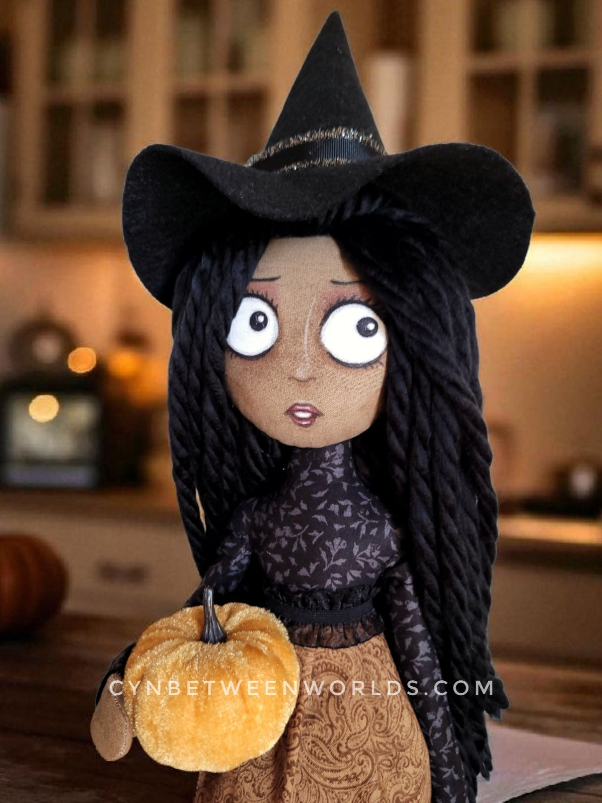 19" Handmade Black-Haired Witch Doll - Halloween Decor
